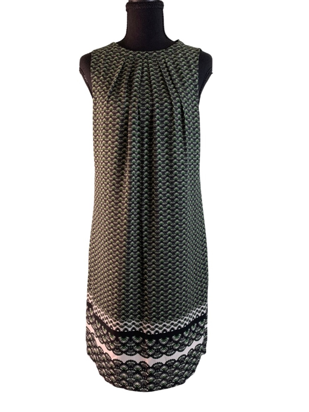 H&M Green Black Crepe Dress Women's 6 V-Back Tie Midi Shift Bohemian